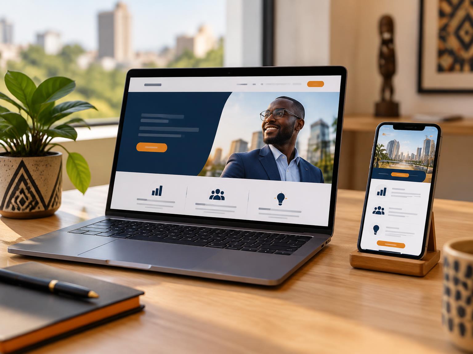 Ordinateur portable et smartphone affichant un site web professionnel